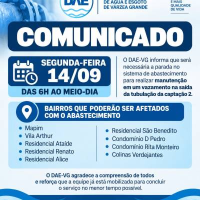 DAE-VG realiza manutenção emergencial na Captação 2 nesta segunda-feira - Notícias - Mato Grosso digital